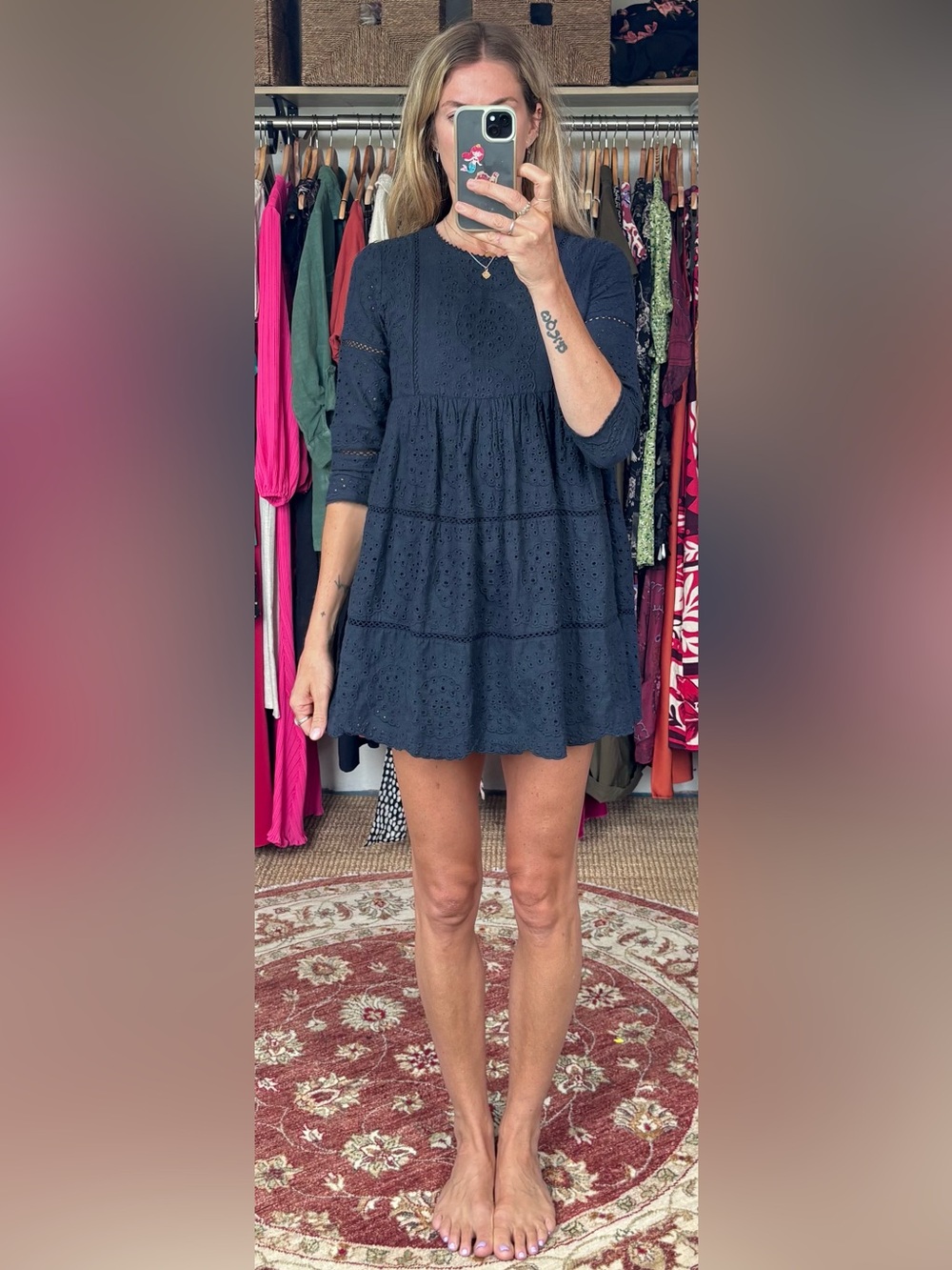Zara Navy Blue Eyelet Tiered Babydoll Mini Dress - Picture 3 of 11